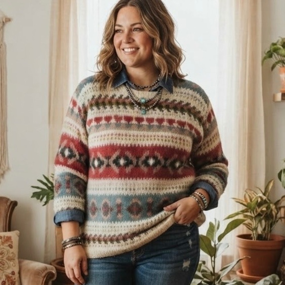 Vintage Bimo Mohair Blend Fair Isle Geometric Sweater Multicolor 90s Large Cozy